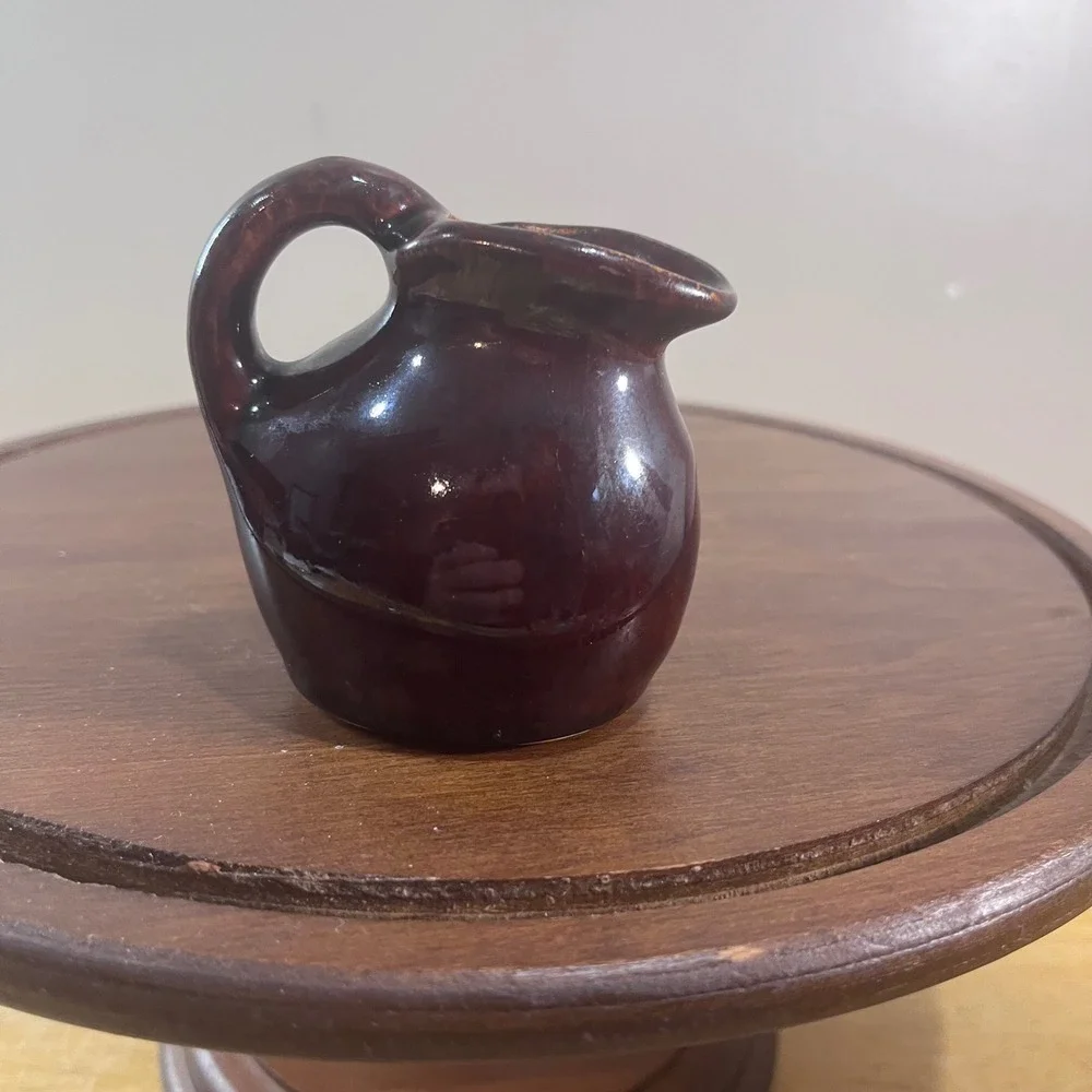 Vtg Brown Ceramic Mini Face Man Moon Jug Pitcher Drip Glaze Folk Art 3 Inch